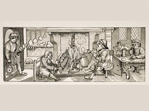 キッチンのインテリア、ジャンシュテフラーによるカレンダーロマナムの木版画の後、1518年にドイツのテュービンゲンを印刷しました。